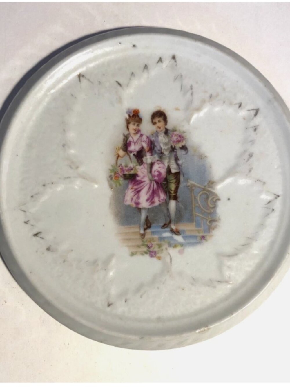 Antique Porcelain Teapot Trivet or Tea Tile - Victorian Courting Couple